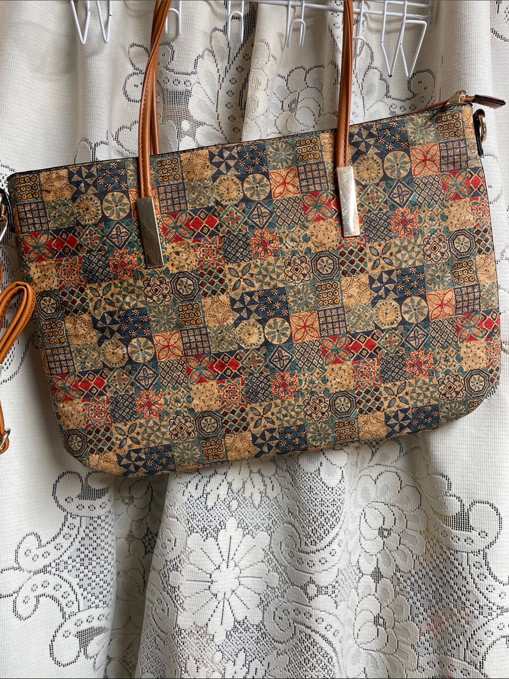 Multicolor Mosaic / Cork Tote with Tan Handles and Crossbody Strap NWT